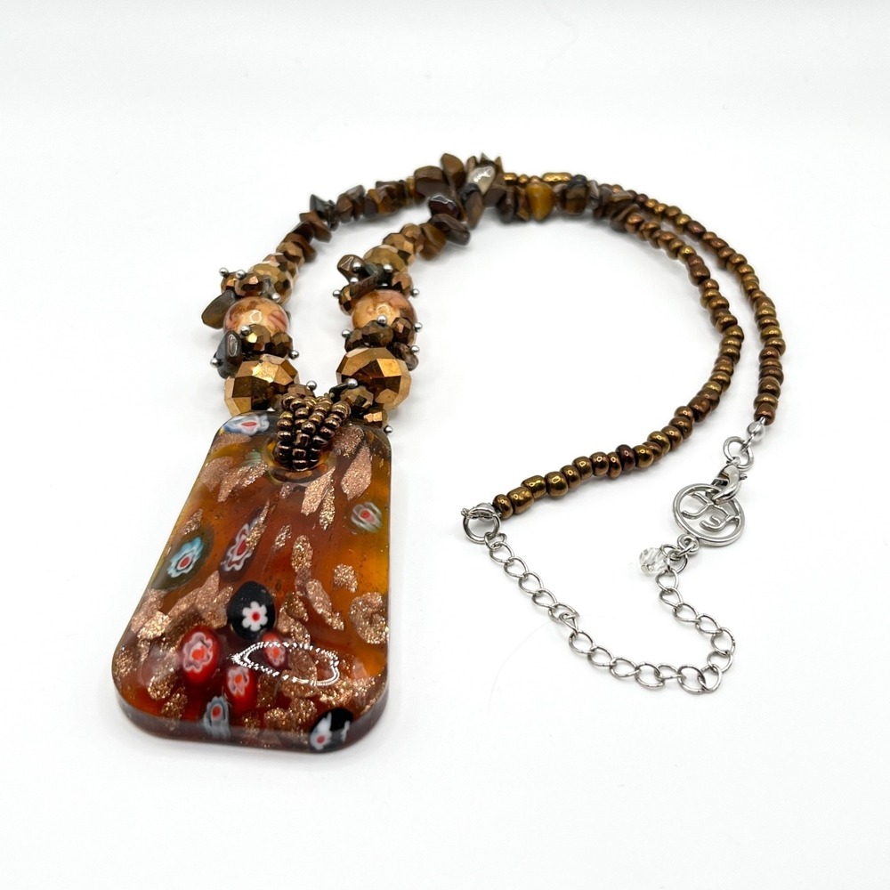 Erica Lions Brown Millefiori Style Glass Pendant Beaded Necklace 20" - Picture 2 of 14